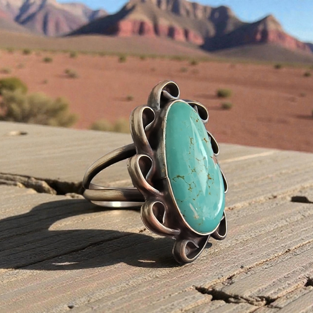 Signed Native American Pilot Mountain Turquoise And Sterling Silver Ring